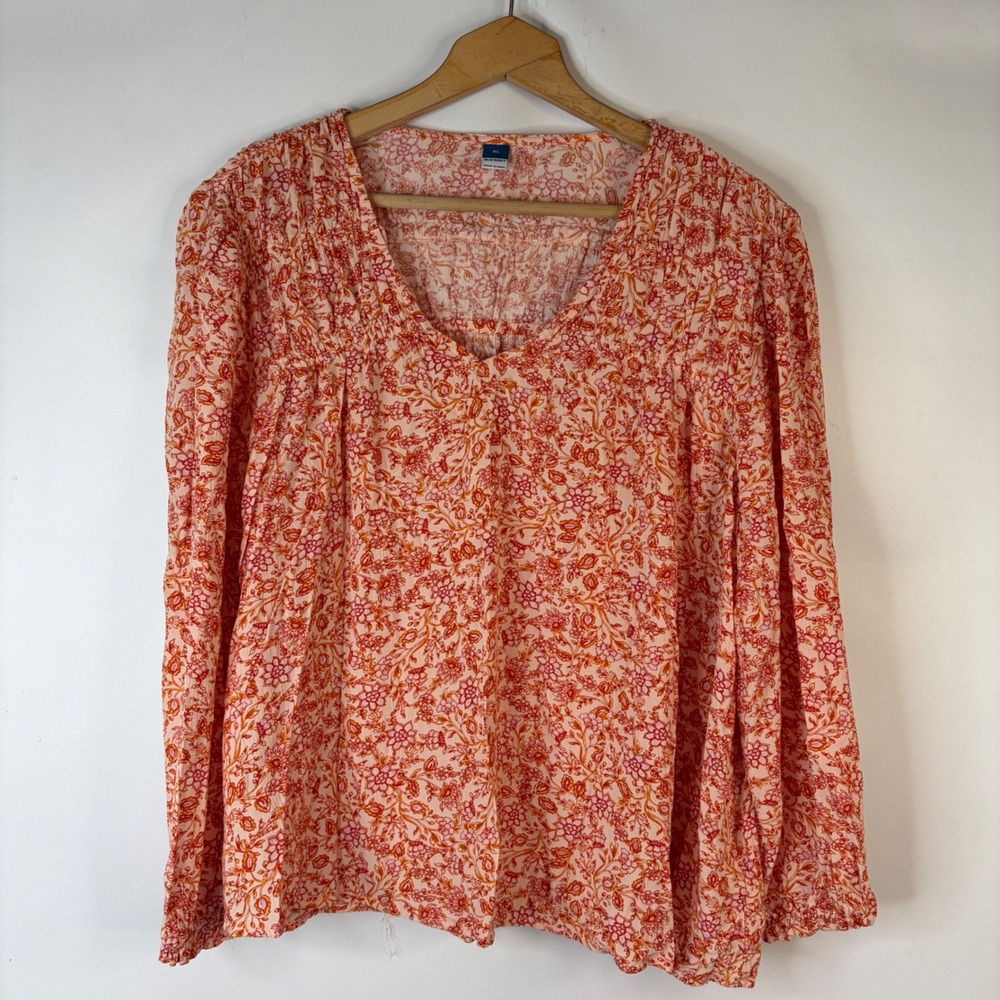 Old Navy Blouse Women XL Orange Floral V-Neck Smocked Long Sleeve Boho Peasant